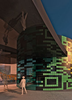 An artist's rendition of a multi-coloured building.
