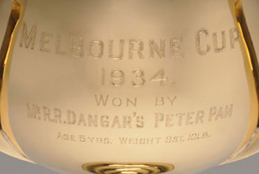 Detail showing inscription on front of a gold cup.