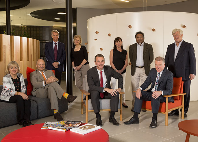 The Council of the National Museum of Australia (left to right): Rae Frances, Nicholas Davie, David Jones, Andrea Hull AO, Mathew Trinca, Catharine Lumby, Peter Yu, Daniel Gilbert AM and John Morse AM.