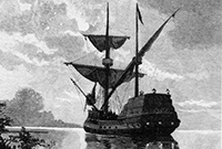 First contact Etching showing a 17th-century vessel just off the coast.