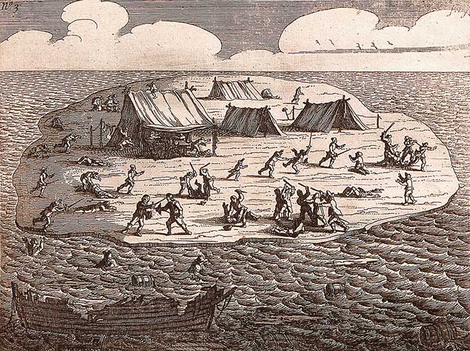 Etching showing islet with four tents on it surrounded by people fighting or running or lying dead. In the foreground, just offshore, is the wreck of a ship