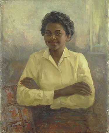 Painting of Faith Bandler sitting on a sofa with arms crossed