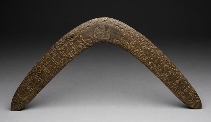 Boomerang with carving of horse and cow, South Australia, circa.1930