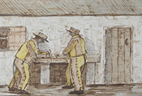 Convict transportation peaks two men in yellow outfits stand writing at a table immediately outside a cottage