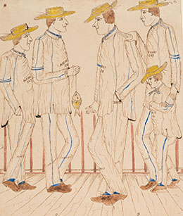 Illustration of four genteel men and a child in convict outfits, or small man, posing