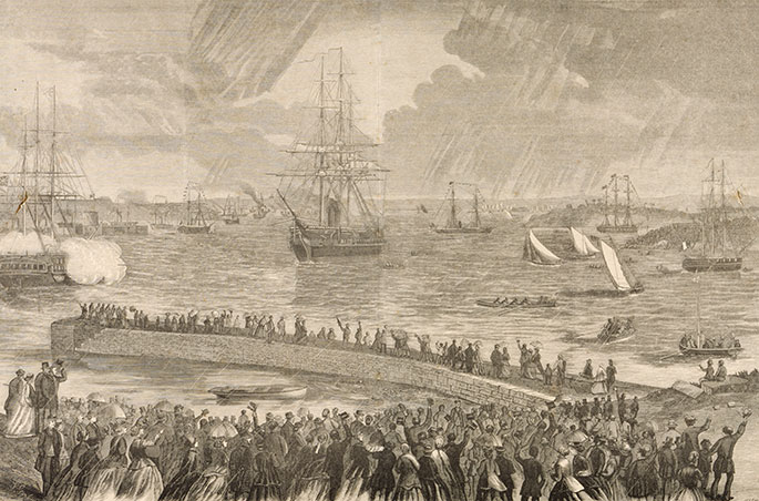 etching of harbour scene in which a tall ship is prominent. Crowds line the foreshore