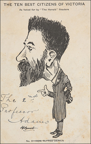 A postcard featuring a black and white cartoon depiction of a bearded man.