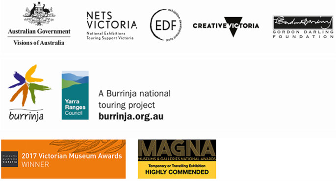 Logos for Visions of Australia, National Exhibitions Touring Support Victoria, Exhibition Development Fund, Creative Victoria, Gordon Darling Foundation, Burrinja, Yarra Ranges Council.