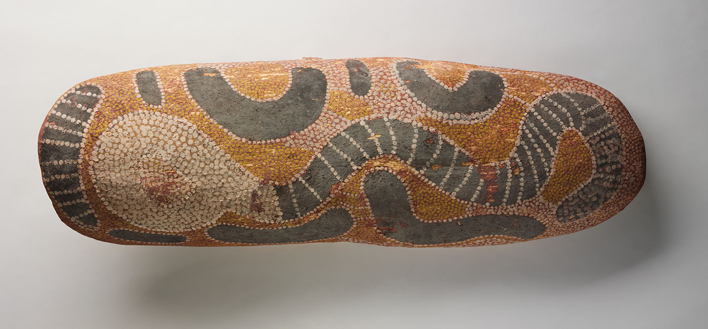 Snake Dreaming at Tjuntina container about 1978 made by Tommy Lowry Tjapaltjarri. - click to view larger image