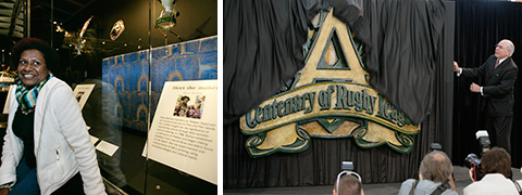 Image on left: Rosie Barkus in front of the display case containing her textile work. Image on right: The Hon John Howard, MP, being photographed by the media as he unveils the National Rugby League Centenary logo.