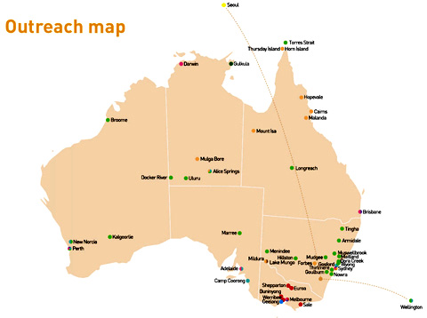 Map of Australia indicating the location of the Museum's outreach programs.