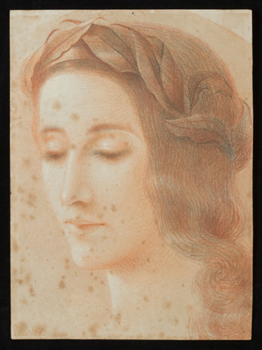 A red crayon sketch featuring an image of a woman's face. She is wearing a laurel wreath and her eyes are downcast.