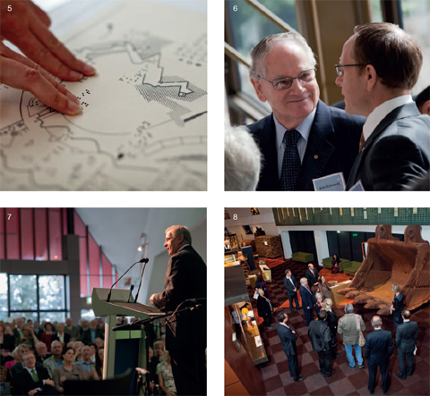 A compile of four roughly square-shaped photographs in a larger square. Top left, marked with a '5' shows a detail of a black and white map, with an unseen person resting two fingers from each hand on the surface. Top right, marked with a '6' shows Bob Edwards and Andrew Sayers in conversation. Bottom left, marked with a '7, shows a man speaking at a podium before a seated crowd of people at the 'Not Just Ned' exhibition launch. Bottom right, marked with an '8', is taken from above and shows 13 people standing before a large, rusted metal digger bucket in the Landmarks gallery.