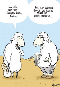 Cartoon of a sheep expressing his concern to his trackie dak wearing friend that his ug boots may be Aunty Raelene.