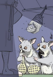 Cartoon of racket holding possums, one 'dobbing in' the other to the owner of a cat who is hanging from the washing line.