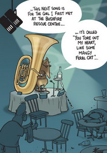 Cartoon of a blind bandicoot playing the tuba in a jazz club.