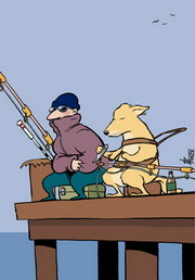Cartoon of a blind man and his guide dog fishing off a jetty together.
