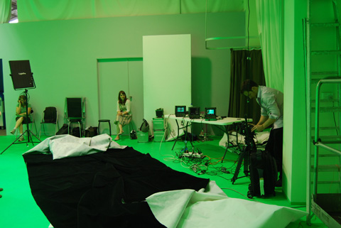 Cinematographer Mark Pugh aligns the three digital cameras.
