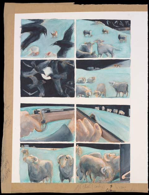 A painting, divided into eight panels, depicting sheep, crows and a gun.