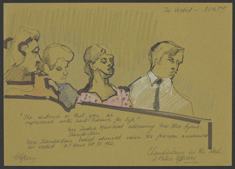 Pencil sketch showing four people sitting behind a dock, with an olive coloured background. A woman wearing a pink dress with dark spots sits centrally, with a man dressed in a white shirt and black tie to her right. Two other people sit to her left. 'The Verdict - GUILTY!' is written in pencil at the top right, with other writing at the bottom and the artists' signature bottom left.