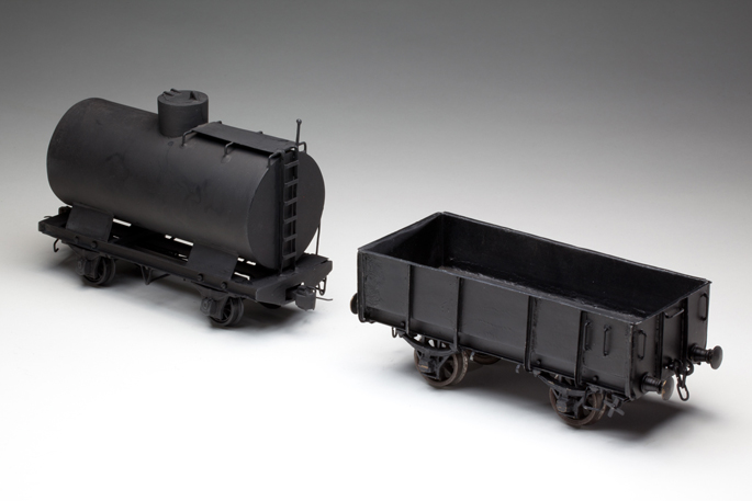 Victorian Railways petrol tanker and open wagon made with tinplate and cast metals, by Kenneth Lowry