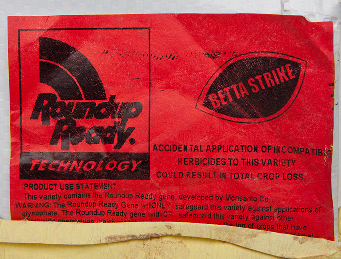 ‘Roundup Ready Technology’ tag from Pioneer ‘Hybrid Canola Seed’ sack.