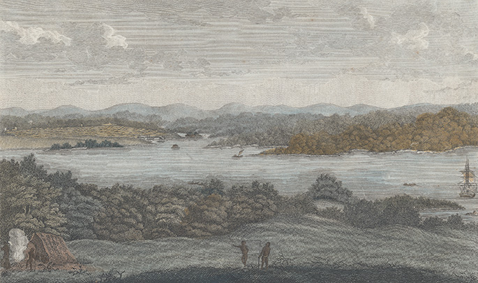 Colour print of Port Jackson harbour, with Indigenous people in the foreground and a sailing ship moored in the harbour.