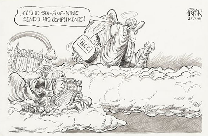 Cartoon depicting Bob Santamaria in Heaven, by Geoff Pryor