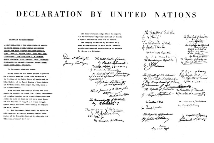 document entitled ‘Declaration by United Nations’ with several paragraphs of typed text and 26 signatures