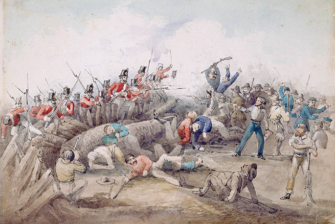Red and white uniformed soldiers overwhelm the flimsy stockade.