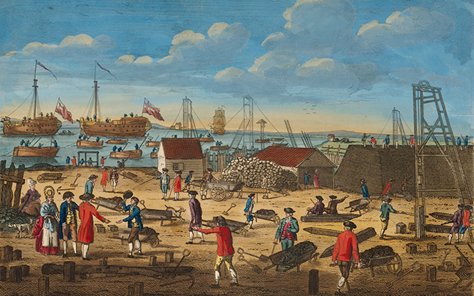colourful illustration showing men pushing wheelbarrows on a construction site, with ships in the background