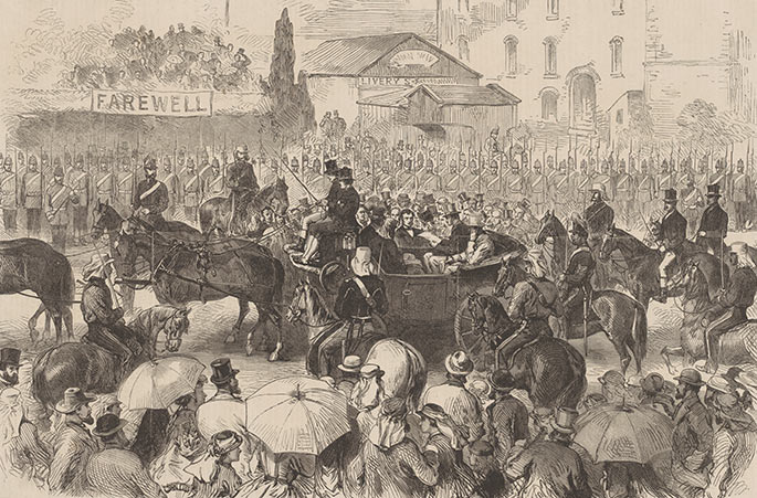 etching of a horse and carriage scene