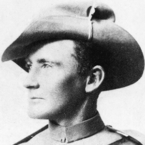 Black and white photo showing Morant from the waist up. He is in uniform with bandolier and slouch hat, face turned to his right