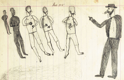 A sketch from a page from a notebook headed 'No.35' and depicting a male figure pointing at five male figures in underwear standing in front of body of water.