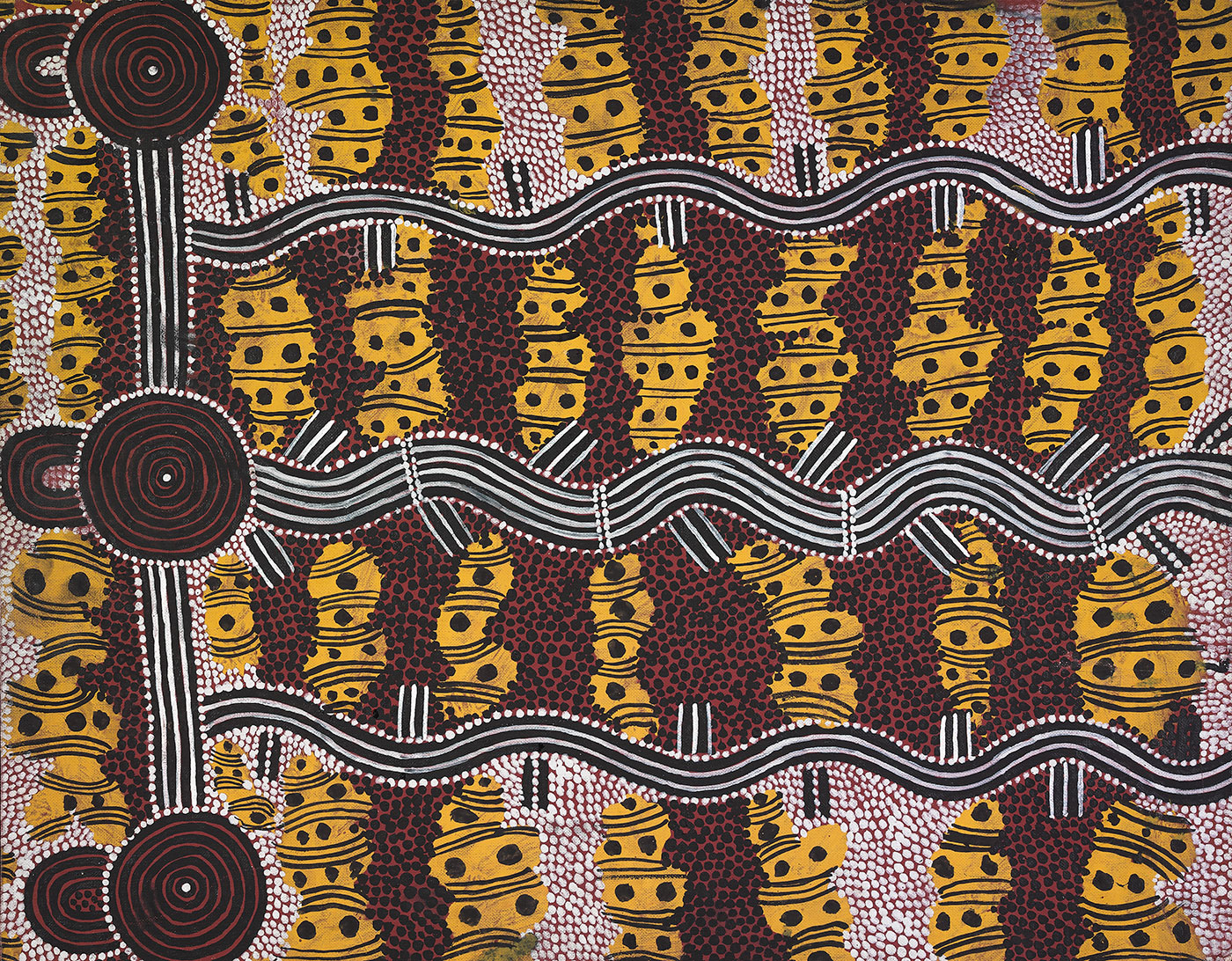 Storm Camps on the Rain Dreaming Trail 1978 by Kaapa Tjampitjinpa. - click to view larger image
