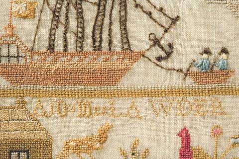 Detail from a needlework sampler, showing a sailing ship, with a smaller boat being rowed by two men at the right. Alphabetic characters, part of a house and bird-like figures are also visible.