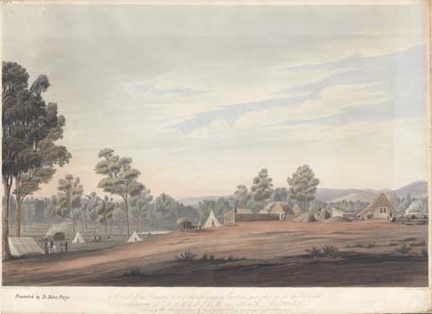 Colour drawing showing, showing tents and bushland.