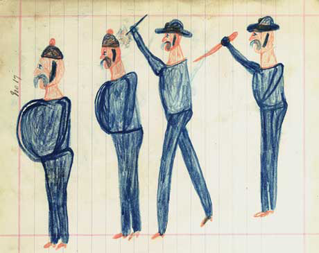 Landscape page from a lined notebook headed 'No.17' and depicting a pencil drawing of two male officials holding up what could be knives standing behind two Chinese male figures.