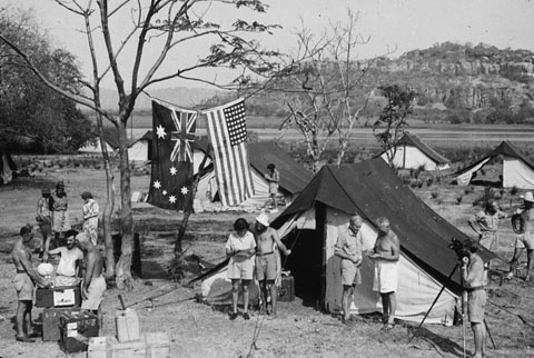 The expedition posed at a campsite at Gunbalanya (formerly Oenpelli), in 1948.