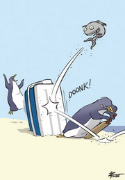 A cartoon of two penguins playing cricket on the beach, using a fish as a ball and an esky as a wicket.