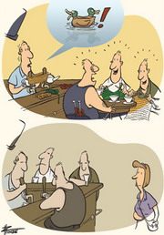 Cartoon of men at a pub talking, knitting and drinking tea. When a woman enters they sit drearily at the bar drinking beer.