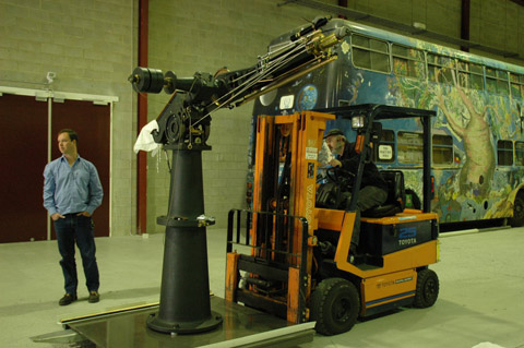 Conservation staff move the telescope to another location in the Mitchell store in preparation for filming.