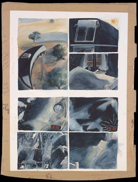 A painting, divided into seven panels, depicting the interior and exterior of a house, including a solar water heater and a bedroom with an alarm clock
