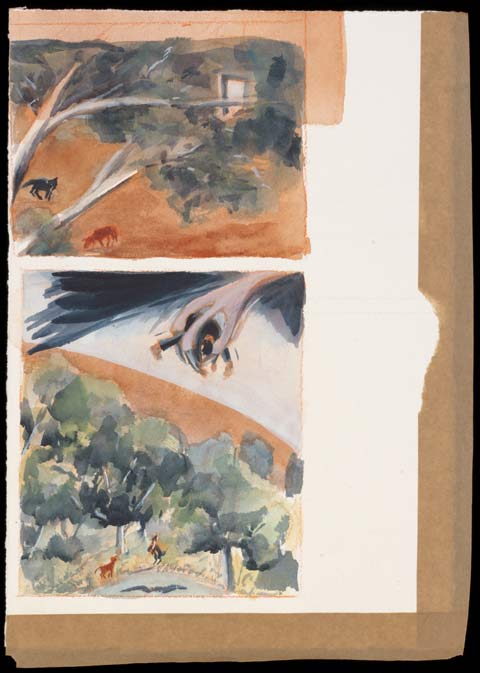 A painting, divided into two panels, depicting a bush scene with two dogs foraging on the ground, and a bird's talons holding a small human figure high above.