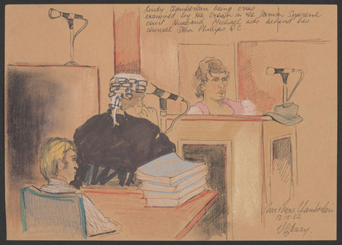 A seated woman wearing a pink and white top gives evidence in a courtroom. A man in a wig and black legal robes looks at the woman. Behind him sits a blonde-haired man wearing a striped shirt.