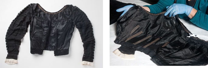 Two colour photographs showing the external view, left, and internal view of a black long-sleeved top with cream-coloured fabric cuffs.