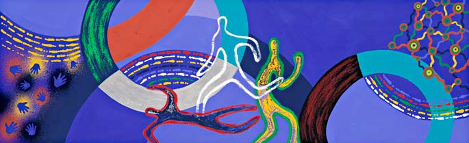 A gouache painting on paper. The design features the silhouettes of three central figures in various positions, in white, red and black, and yellow and green. There are two circles, one teal blue and black, one white, green and orange. There is a group of handprint on the left. The background is purple. The text 'Balarinji' is handwritten in pencil on the right hand side of the lower edge of the painting.