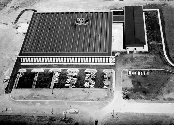 aerial black and white photo of the Mint surrounded by wasteland