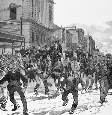 Drawing of men running among police on horseback. Wooden buildings in background.