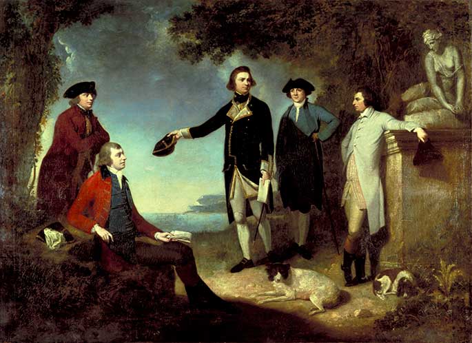 The five men are posing in countryside near an ocean. Sandwich is leaning against a classical statute. Solander and Banks are resting on a rock. Cook, centre, is in uniform gesturing at the sea